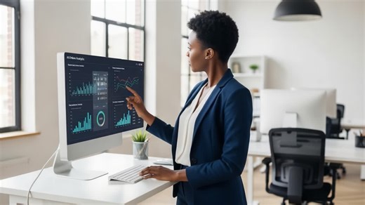 A Business Professional Analyzing Data Trends on a Modern Computer Screen in a Bright Office Environment, Showcasing Advanced Graphical Insights and Analytics Tools | Premium Stock Video Footage