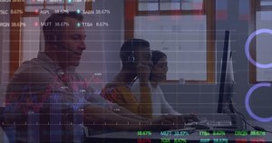 Animation of financial data processing with statistics over diverse business people using computers. Global business, finance and digital interface concept digitally generated video.