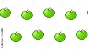 Pixel art green apple illustration loop animation. Animated seamless pattern with apples. 4K background with alpha channel.