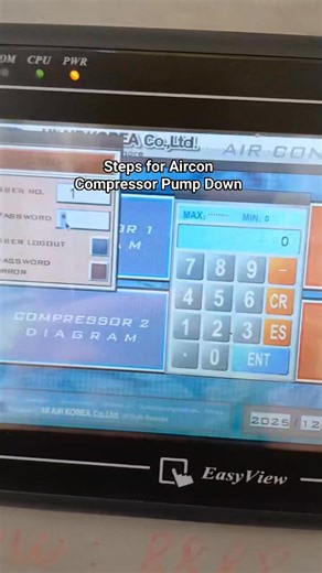 Step by step procedure in Aircon Compressor Pump Down 1.Close the valve for water cooled condenser inorder for the refrigerant to be collected inside water cooled condenser. Check the sight glass for level of accumulating liquid refrigerant. 2.wait for the compressir to automatically stop. Check the LP or suction pressure if it reaches the setpoint value for compressor stop. For this unit the setting is 0.6Bars. 3.Give it another 10minutes to wait for the unit to restart since there will still b