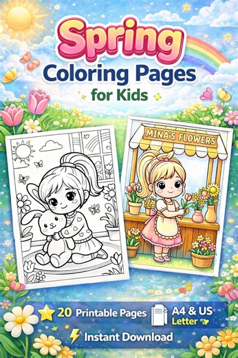 Spring Coloring Pages for Kids Printable, Cute Girl Spring Activities, Preschool Coloring Book, Flower Garden Pages, Instant Download PDF - Etsy