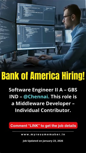 My Resume Maker on Instagram: "Bank of America Hiring Software Engineer II | Java & Mule | Chennai MNC Job 2026 Position: Software Engineer II A – GBS IND 📌 Job Description This role is a Middleware Developer – Individual Contributor position within Global Markets Technology & Operations. The candidate will design and implement API & Microservices-based middleware solutions using Java and Mule ESB. Responsibilities span the full SDLC including requirement analysis, HLD/LLD design, coding, unit 