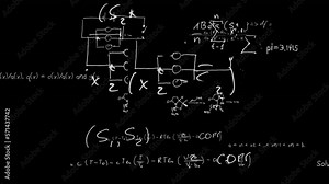 Animation of mathematical equations and diagrams floating against black background