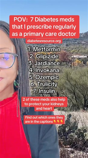 Of the 7 diabetes meds that I prescribe regularly, jardiance and invokana are the ones that also help to protect your kidneys and heart. These two medications are also used by people without diabetes because they help to prevent heart disease and kidney disease. The high blood sugars from diabetes may cause kidney disease over time. People with kidney disease are at higher risk for heart disease. Download my free ebook for more diabetes tips from the link in my bio or at diabetesresource.org #bl