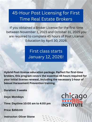 Get your post-licensing done before the April deadline! We are offering a post-licensing class once a month with a live instructor. #postlicense #postlicensing #realestatepostlicense #postlicensecourse #realestate #realestateschool #RealEstateGoals #realestatebroker #RealEstateClasses #realestatechicago #BrokerLicense #RealEstateCareer #realestateeducation
