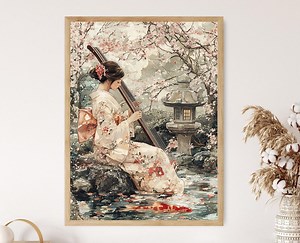 Koto Player Art Print: Japanese Cherry Blossom Garden Scene - Etsy