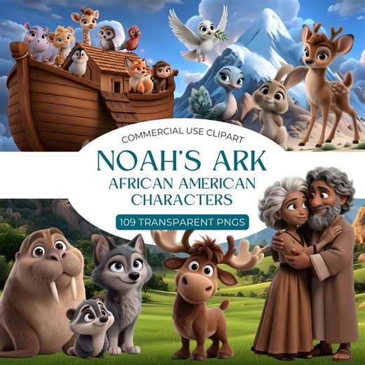 Noah Ark Clipart African American Characters, Bible Story PNG, Christian Clipart Bundle, Cute Animals, Sunday School, Nursery Decor - Etsy
