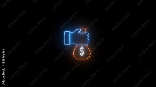Neon money payment icon on dark background for financial transactions and digital finance use. Donation and payment symbol for business support, online services, and modern fintech visuals.