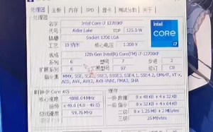INTEL CORE I7 12700KF处理器默频状态下性能参数和CPU-Z测试得分。感谢粉丝“蘑菇想做个好人”提供测试视频！