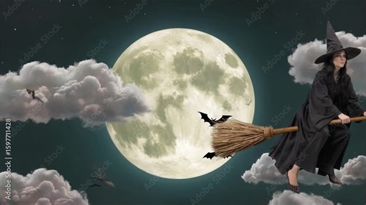 Witch flying on a broomstick against a full moon and cloudy night sky