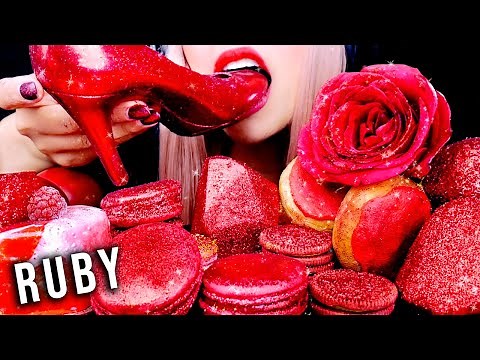 ASMR RUBY EDIBLE SHOES, JEWEL CANDY, ROSE, MACARONS, DONUTS | EATING SOUNDS