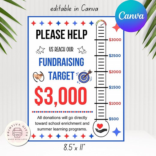 School Fundraising Goal Poster Canva Template | Editable Donation Tracker | PTO PTA Fundraiser Thermometer Chart | 8.5x11 Printable - Etsy