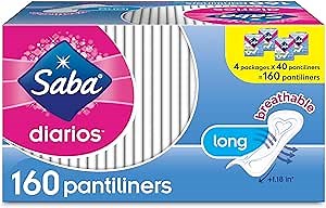 Saba Diarios Long Pantiliners | Rapid Absorption Long Panty Liners for Women | Convenient Feminine Care for All Body Types & Sizes | 160 Pantiliners (4 Packages, 40 Pantiliners Each)