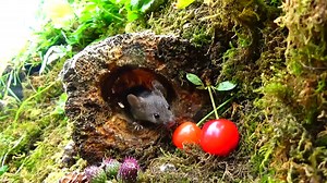 9.1K views · 1.1K reactions | The weather is ever changing in the magical Mouse garden . lots of little's scurrying around in the search for food . making good use of the hollow logs for shelter . the cherry tree is also in fruit and many fall to the ground early so the mice often get those . | George the Mouse in a log pile house | Facebook