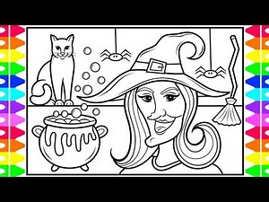 How to Draw a HALLOWEEN WITCH for Kids 🎃👻🕷💜💚Halloween Witch Drawing and Coloring Pages for Kids
