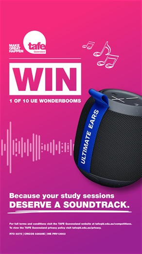 BACK TO STUDY 2026 GIVEAWAY 🌞 In celebration of the start of a new year, we are giving away 10 x UE Wonderboom speakers – because every study session deserves a good soundtrack. To go into the draw, tell us what song is being added to your study-session playlist for 2026. The technical stuff: 1. Like one of our Facebook pages (including local campus pages) or follow @tafeqld on Instagram 2. Comment on this post and tell us a song you’re adding to your 2026 study sessions playlist We’ll choose t