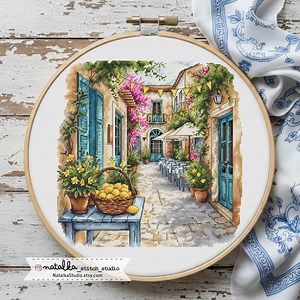 Mediterranean Street Cross Stitch Pattern, Italian Courtyard (pattern PDF) - Etsy