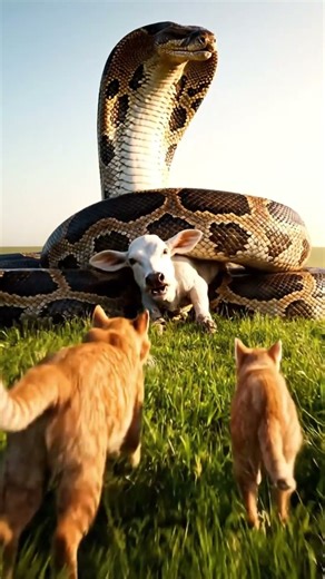 Brave Mother Cat and Kittens Fight Giant Python to Save Little White Cow #cat #kittens #animals