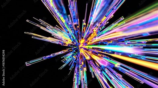 chromatic radial burst exploding outward with multicolor streaks and prismlike rods against black void, celebratory visual effects scene for motion designer, intense speed and dazzling light show