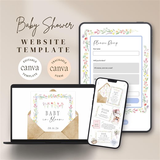 Baby in Bloom Baby Shower Website Template With RSVP | Floral Gender Neutral Wildflower Baby Shower Editable Canva Template Digital Download - Etsy