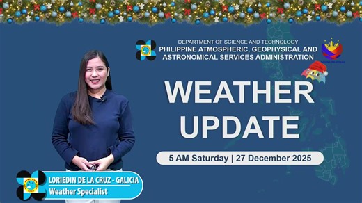 Public Weather Forecast issued at 5AM | December 27, 2025 - Saturday DOST-PAGASA Weather Specialist: Loriedin De La Cruz-Galicia #weatherreport #dostpagasa PAGASA Weather Report (Subscribe for more weather updates) Facebook Page (Like): / pagasa.dost.gov.ph Twitter (Follow): / dost_pagasa Website (Visit): http://bagong.pagasa.dost.gov.ph Customer Satisfaction Survey (Feedback): https://shorturl.at/Do3VX | DOST-PAGASA