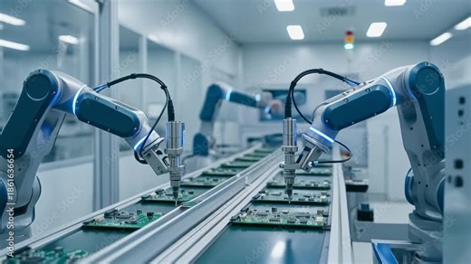 Robots assembling electronic circuit boards on a production line in a modern factory.