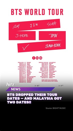 BTS has officially dropped their 2026 world tour dates. Malaysia is getting not one… but TWO concert dates! This world tour is part of BTS’ long‑awaited comeback in 2026, following their first group album after back from military service — dropping March 20, 2026. Malaysian BTS Army has been waiting years for this moment and now it’s finally happening! Source: Bighit Music #bts #btsarmy #HITZnews | HITZ