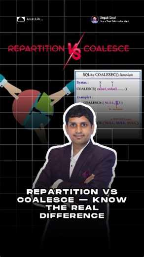 Deepak Goyal | Azure & Data Engineering on Instagram: "A common interview question for Data Engineers: 👉 What’s the difference between Repartition and Coalesce in Spark? Here’s the easiest way to understand: 1️⃣ Repartition ➜ Can increase/decrease partitions, but is costly. 2️⃣ Coalesce ➜ Only reduces partitions, but is faster & efficient. 💡 Always use Coalesce when reducing partitions for better performance. ✅ Follow @deepakgoyalcloud for clear Spark concepts & daily learning. &