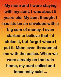 My mom and I were staying with my aunt. I was about 5 years old. My aunt thought I had stolen an envelope with a big sum of money. I even started to believe that I’d stolen it, but forgot where I put it. Mom even threatened me with the police. When we were already on the train home, my aunt called and innocently said ... 😍 Full Story 👇: | StoryPulse