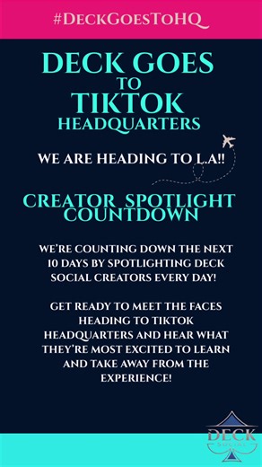 🛫Deck Social Goes to TikTok Headquaters 🛬 Welcome to the Creator Spotlight Countdown where we highlight your fellow Deck Social Creators who are visiting TikTok HQ in just TEN DAYS! As we countdown, we will introduce you new creators joining us on this journey! Meet Creator @Ashley Zachary AZ and Creator and Agent @Erikka_Leigh We are celebrating by asking them: 💬 What excites you most about this opportunity 💬 What you are hoping to gain from this experience This journey is about growing tog