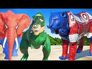 (Jurassic World Evolution🌍)Captain Tiger,SpiderMan Elephant,Green Lanter T-Rex Dinosaurs Fight