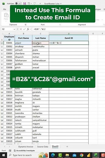Quickly Create Email Addresses Using First Name and Last Name in Excel #excel #shorts #exceltips