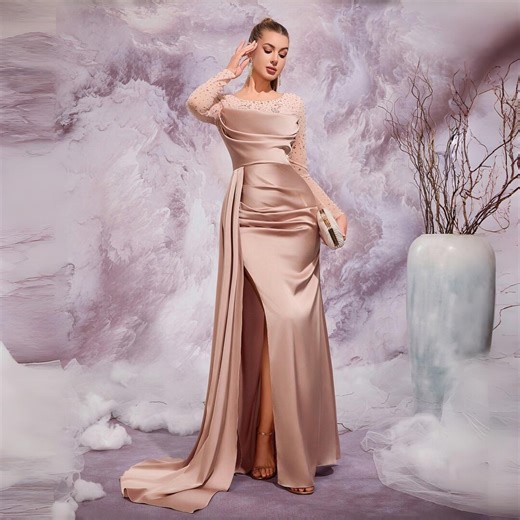 Soft Pink Satin Evening Gown – Beaded Sleeves, Formal Gala Dress - Etsy