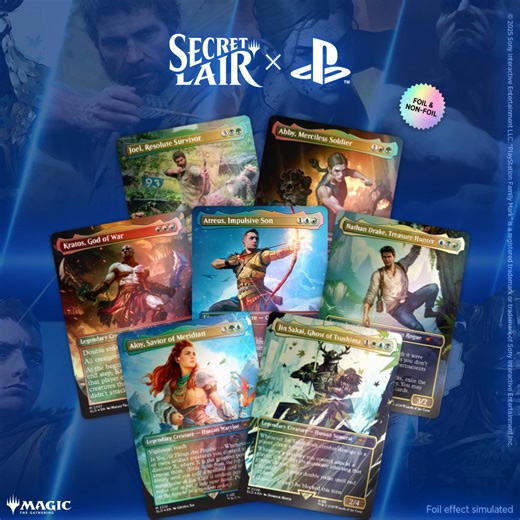 Bring your favorite PlayStation game characters from your console to your playmat! Get the SL x PlayStation Superdrop NOW. Press Start ▶️ www.magicsecretlair.com | Magic: The Gathering