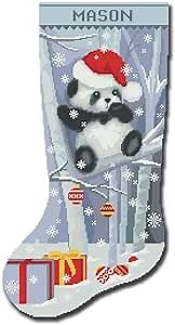 Cross Stitch Kits for Adults, Stamped Personalized Christmas Stockings, Cute Xmas Panda, Needlepoint Counted Easy Simple Cross-Stitch Patterns for Beginners, Embroidery Kit for Holiday Home Decor DIY