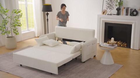 3-In-1 Convertible Futon Sofa Bed, 66"W Queen Size Loveseat Sleeper Couch Bed with Side Pockets & Pillows, Upholstered Corduroy Modern Pull Out Couch Lounge for Living Room/Bedroom/Small Places, Green