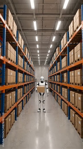Humanoid robot carrying cardboard box in distribution warehouse. Automated logistics and supply chain management. Backward camera movement with wide shot.