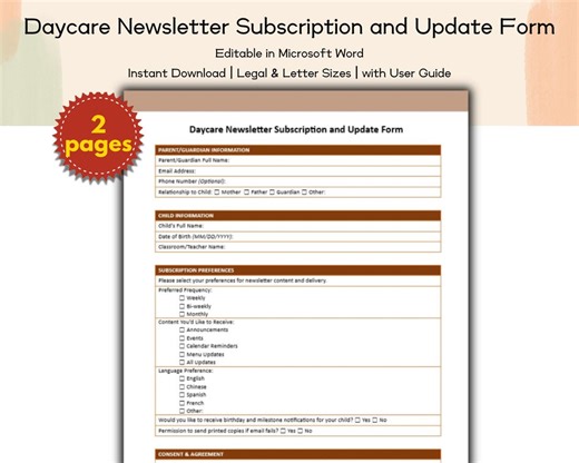 Daycare Newsletter Subscription and Update Form Editable and Printable Template, Preschool, Childcare Professionals, School Administrators - Etsy