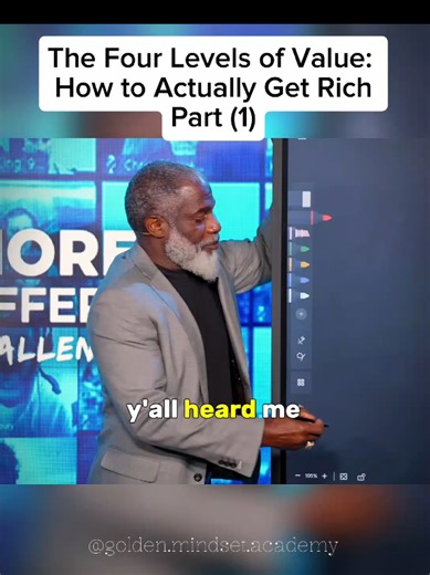 The Four Levels of Value: Myron Golden outlines four distinct levels of economic value, noting that wealth creation requires moving up to higher levels rather than just delivering more value at a low leve. credit to @Myron Golden #FourLevelsOfValue #MyronGolden #WealthBuilding #CommunicationSkills #FinancialFreedom