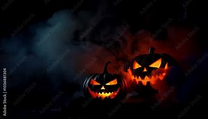 Glowing orange jack-o-lantern with spooky face, a symbol of Halloween celebration, illuminated by a flickering candle in the dark night