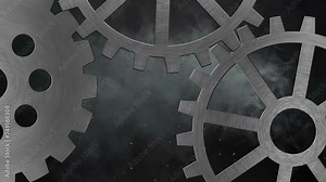 Animation of cogs moving and smoke trail on black background Stock Video