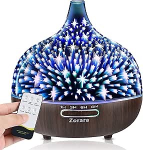 Essential Oil Diffuser 550ml Cool Mist Humidifier 3D Glass Ultrasonic Aromatherapy Humidifier with 7 Color Changing Led Lights, Waterless Auto Shut-Off, Adjustable Timer, Remote Control, Star