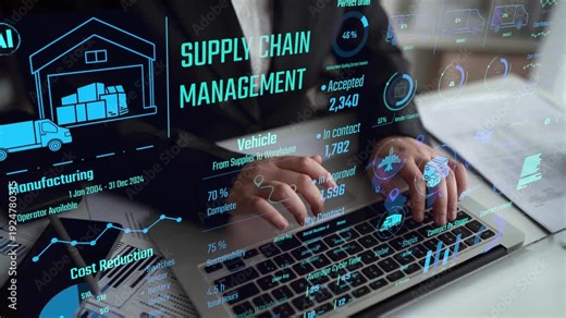 Supply chain management interface showing delivery routes, warehouse efficiency, cost savings, vehicle tracking, procurement ROI, and contract stages. Futuristic supply chain monitoring system. Thunk