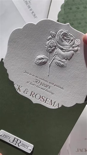 LOVED making these 50th Wedding Anniversary Invitations! 💒 Custom diecut edges, 3D sculpted embossing, gold foil lettering, custom envelope and pocket liners, and custom postage stamps. Simply to die for! Head to our website to quote your own dreamy stationery! #weddingstationery #windmillpress #2027bride #letterpress #weddinginvitation