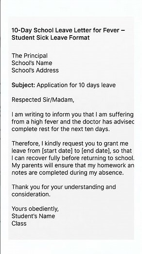 10-Day School Sick Leave Letter for Fever – Student Leave Application