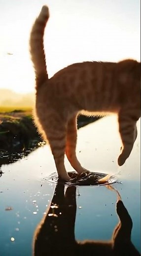 Slow Motion Cat Jumping Over Water | Golden Sunlight Cinematic Shot