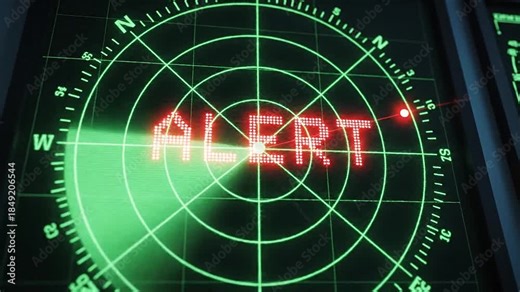 Pulsating radar screen showing an incoming object and alert text