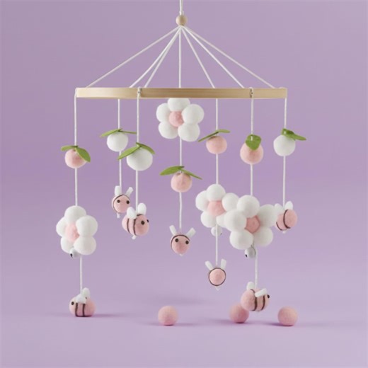 Flower Nursery Fobile, Felt Ball Baby Mobile, Pink and White Bee Nursery Decor, Spring Flower Crib Mobile, Handmade Newborn Gift for Girl - Etsy