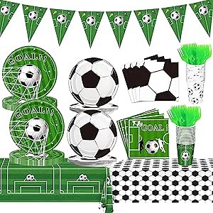 Soccer Party Decorations Birthday Suppiles with Soccer Plates Napkins Cups Banner Tablecloth for Sport Theme Birthday Party Decor