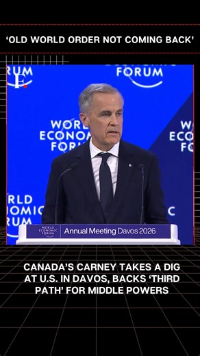 #FirstpostNews: Canadian PM Mark Carney Takes a Shot at US, Backs ‘Third Path’ for Middle Powers Canadian Prime Minister Mark Carney addressed the World Economic Forum 2026 in Davos, Switzerland, warning that the US-led global order is fracturing. He said the rules-based system is fading and great power rivalry is intensifying. His remarks came a day after President Donald Trump posted a map on Truth Social showing the US laying claim to part of Canada amid Greenland tensions. “The old order is 